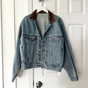 Guess Vintage 90s Medium Light Wash Trucker Denim Jacket Leather Trim Collar M